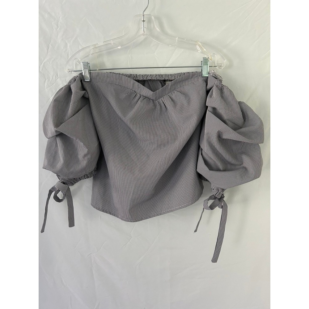 Casting Girl Black White Gingham Off Shoulder Puff Sleeve Tie Cuff Blouse M